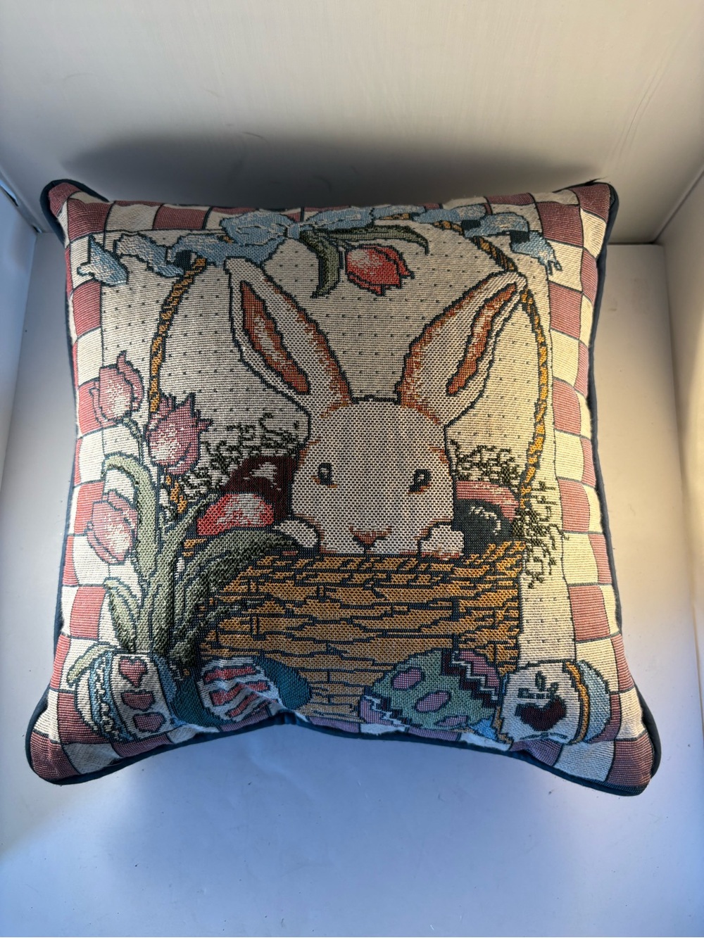 Vtg Bunny Rabbit in Basket Woven Tapestry Easter Throw Pillow 13x13 Shabby Chic